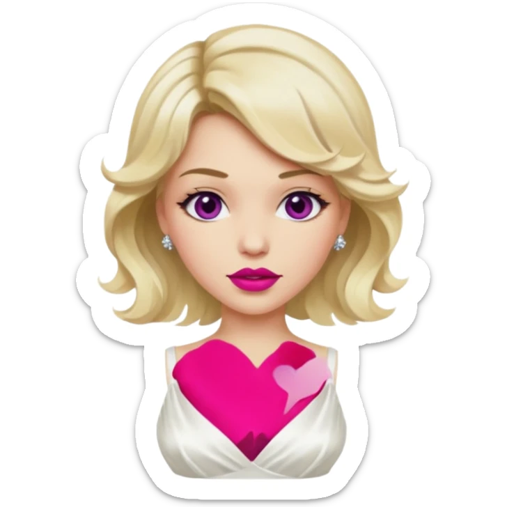 Bride with short wavy blonde hair, hot pink background and white silk chemise dress. Add fuscia background. Add fuscia lipstick sticker