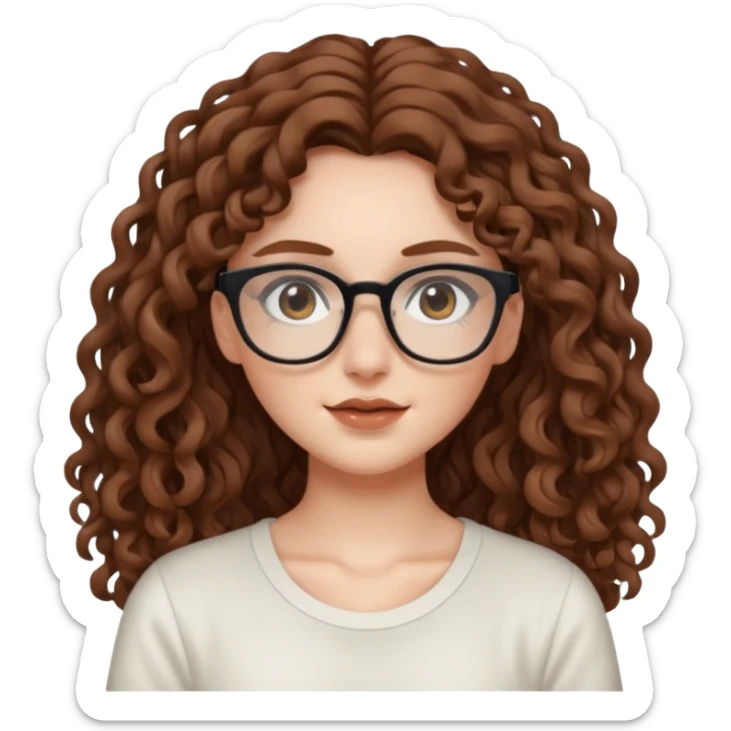 aesthetic white girl with brown, long curly hair, she wears an offwhite top and wears square glasses and her eyes are black sticker
