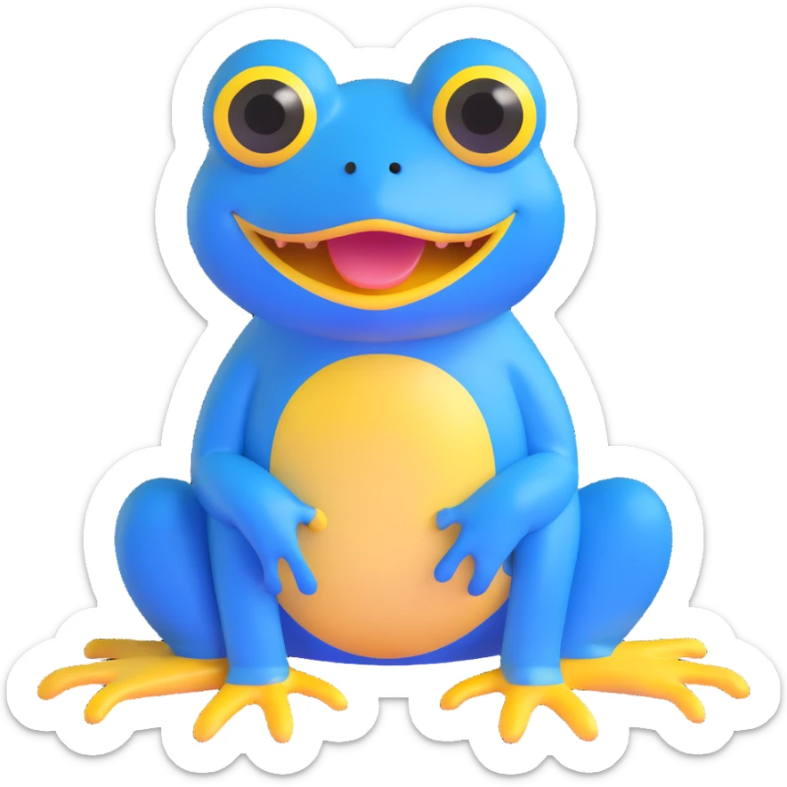 blue frog with a big yellow mouth and wide eyes, sitting, looks silly and sweet, suitable for kids, daily expression, circle time helper sticker