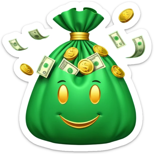 

3D emoji style, big bag of money, flying dollar bills, rich casino vibe, smooth lighting, high detail, clean edges, transparent background



 sticker