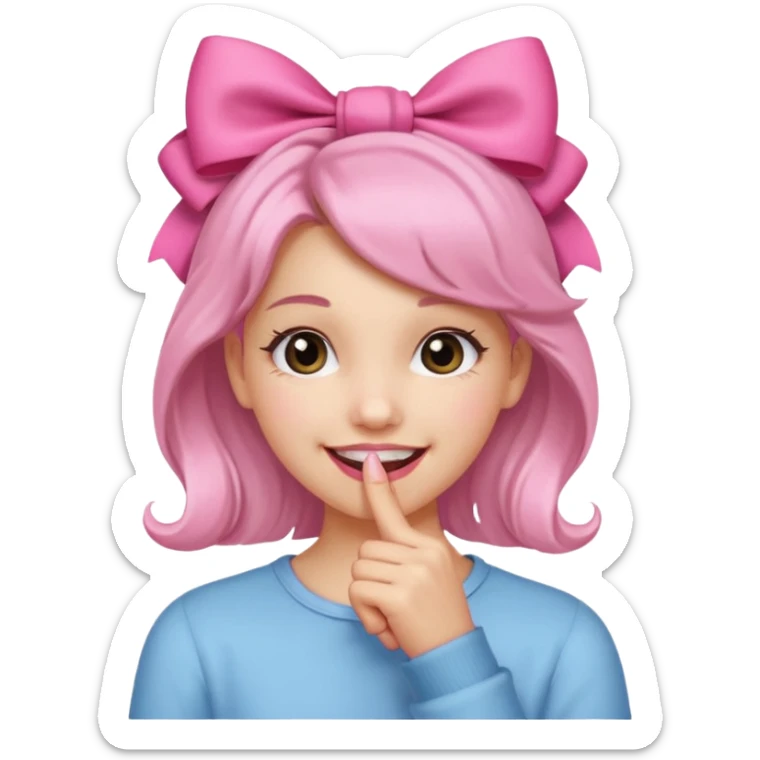 Chica sonriendo con un lazo rosa en la cabeza y mordiendose la punta del dedo indice con delicadeza y la otra mano que no salga sticker