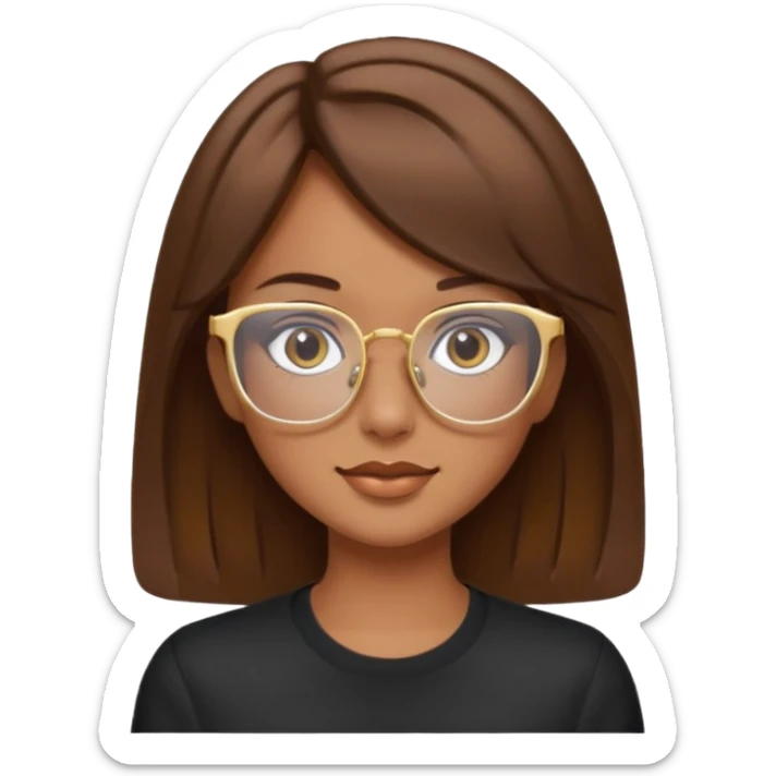 a girl with brown hair, slightly tanned skin and large square gold glasses sticker