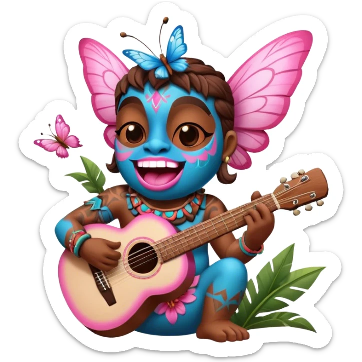 Pixar style little Cartoon Blue and pink tiki singing with a butterfly and playing a guitar, ultra detailed and lifelike imagery sticker