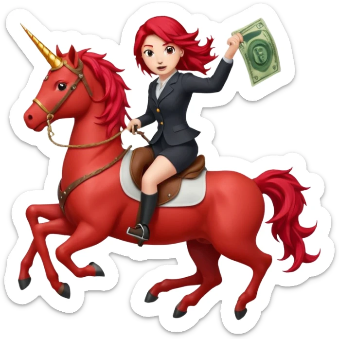red horse red hair agressive unicorn running money on on the saddle sticker