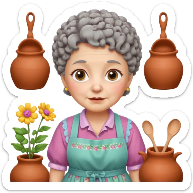 cartoon Apple iOS emoji style rural elderly woman, chubby face, short gray curly hair, flowery blouse, colorful apron, big expressive eyes, pastel colors, Chilean wooden kitchen background, clay pots, warm light, detailed and clean vector art sticker
