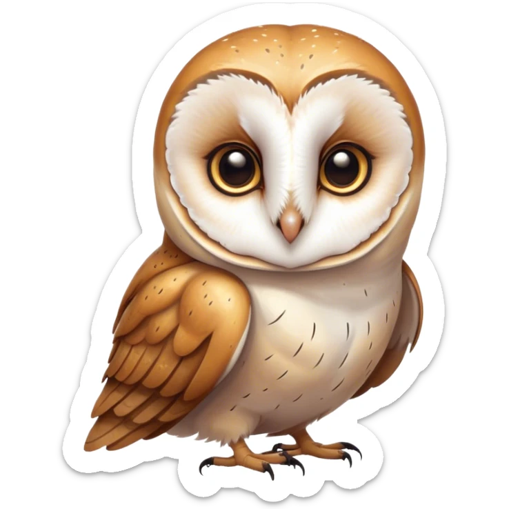 Cinematic Cute Barn Owl Portrait Emoji, Head tilted playfully and inquisitively, featuring a softly mottled Fur of white and brown with delicate feather patterns, round, sparkling amber eyes filled with curious wonder, Simplified yet irresistibly adorable features, highly detailed, glowing with a warm, friendly glow, high shine, affectionate and gentle, stylized with a touch of barnyard whimsy, bright and endearing, soft glowing outline, capturing the essence of a mischievous yet loving owl, so playful it feels like it could swoop out of the screen and into your arms! sticker