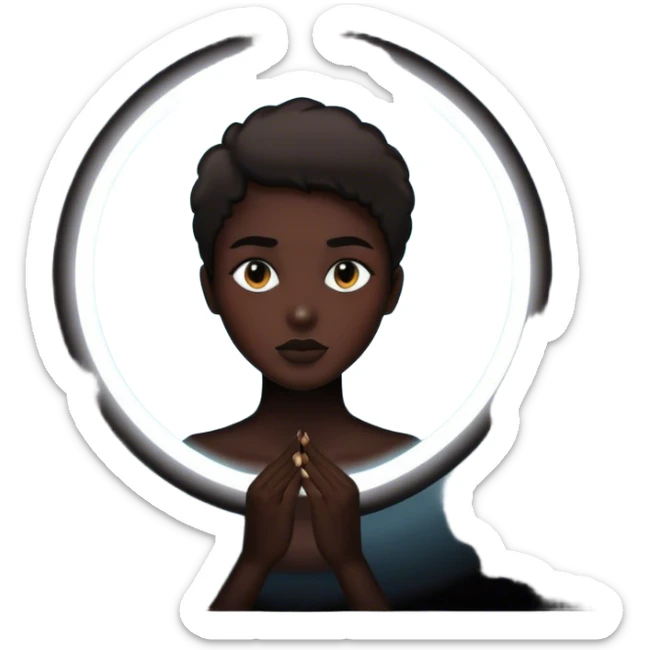 Un espejo con un brillo hipnótico en el centro de un espacio oscuro y una persona en silueta negra sticker