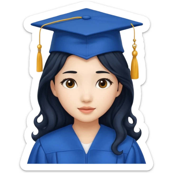 asian girl wearing blue graduation cap with long curly black hair sticker