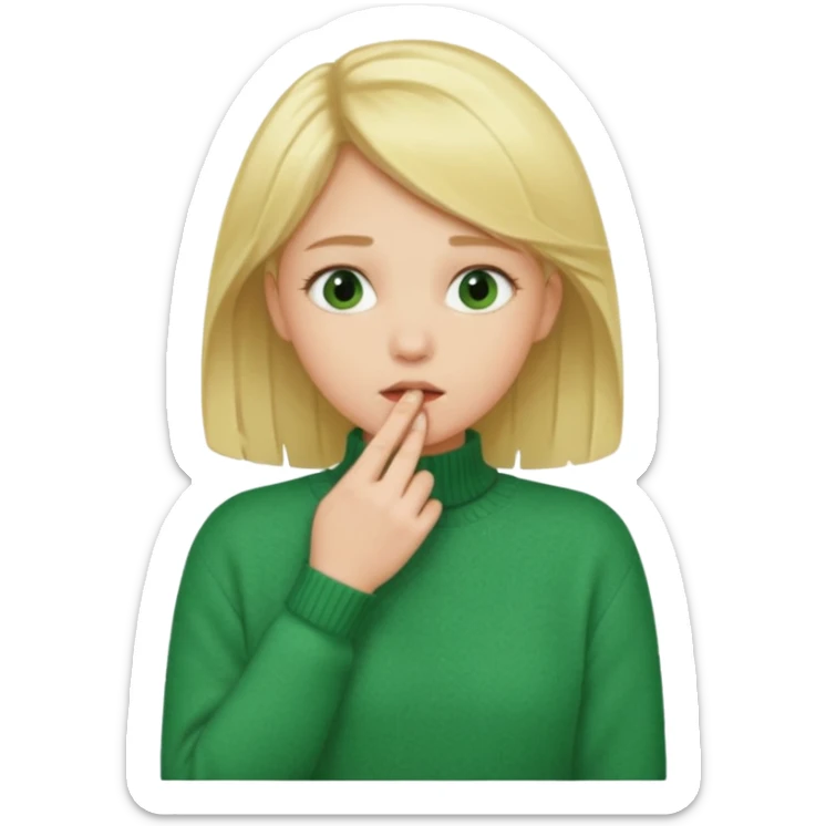 blonde girl has sore throat in green sweater with hand on throat sticker