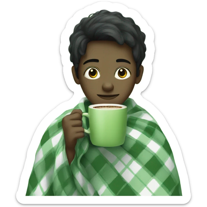 black hair boy wrapped in pastel green plaid blanket drinking coffee sticker