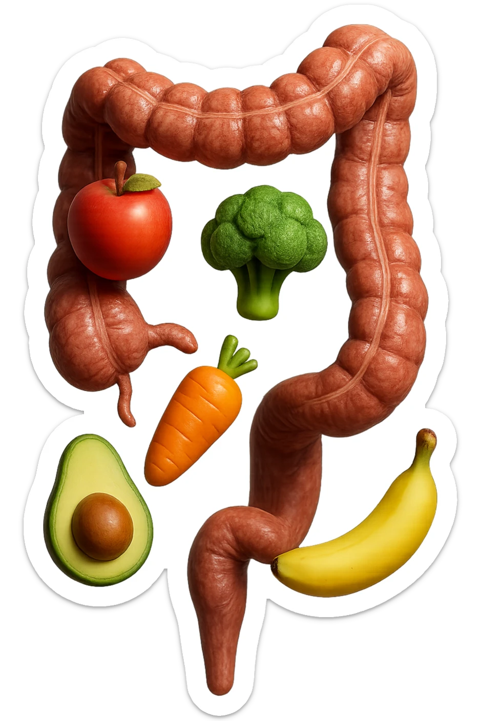 emoji stile iphone in 3d di cibo sano che fluttua in aria vericalmente insieme ùa pezzi di colon umano anatomico, iperrealistico 4k sticker