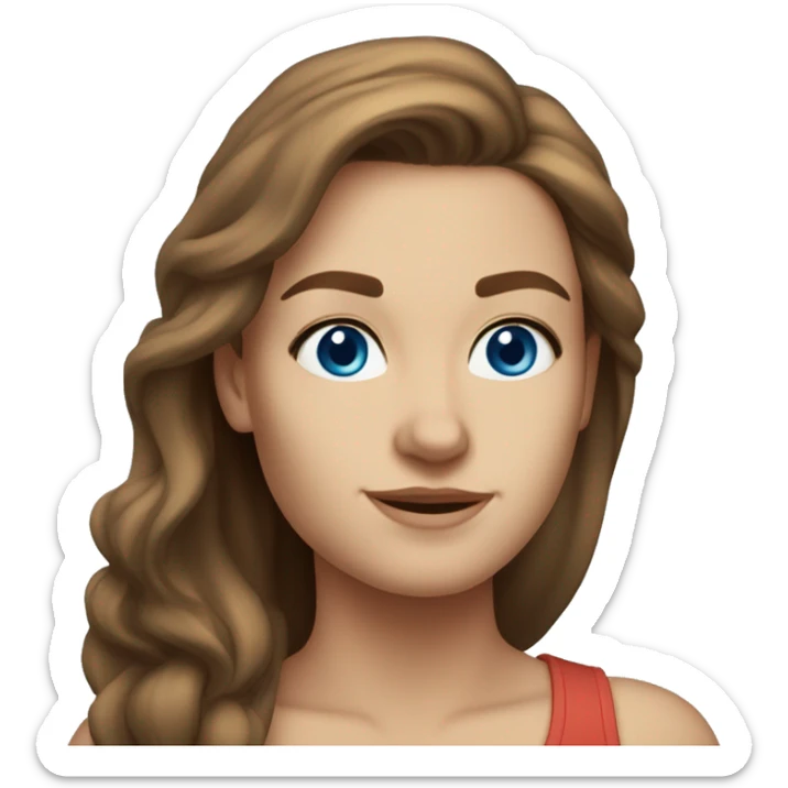 A head and shoulders shot of a 32 year old Caucasian woman, with long brown hair,   with blue eyes wearing a t-shirt. sticker