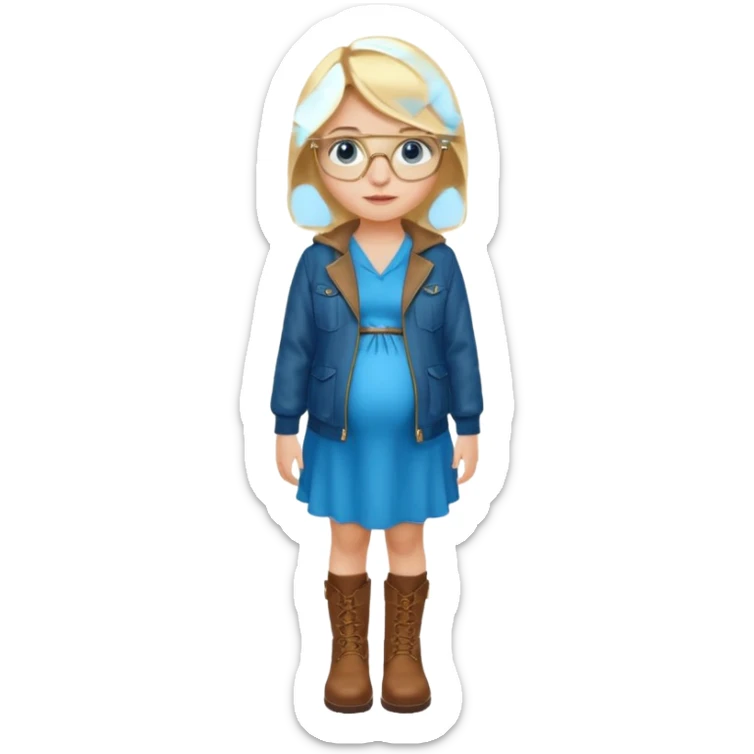 18 year-old pregnant blonde girl with golden glasses with blue eyes in a bright blue dress and a dark green jacket and brown boots sticker