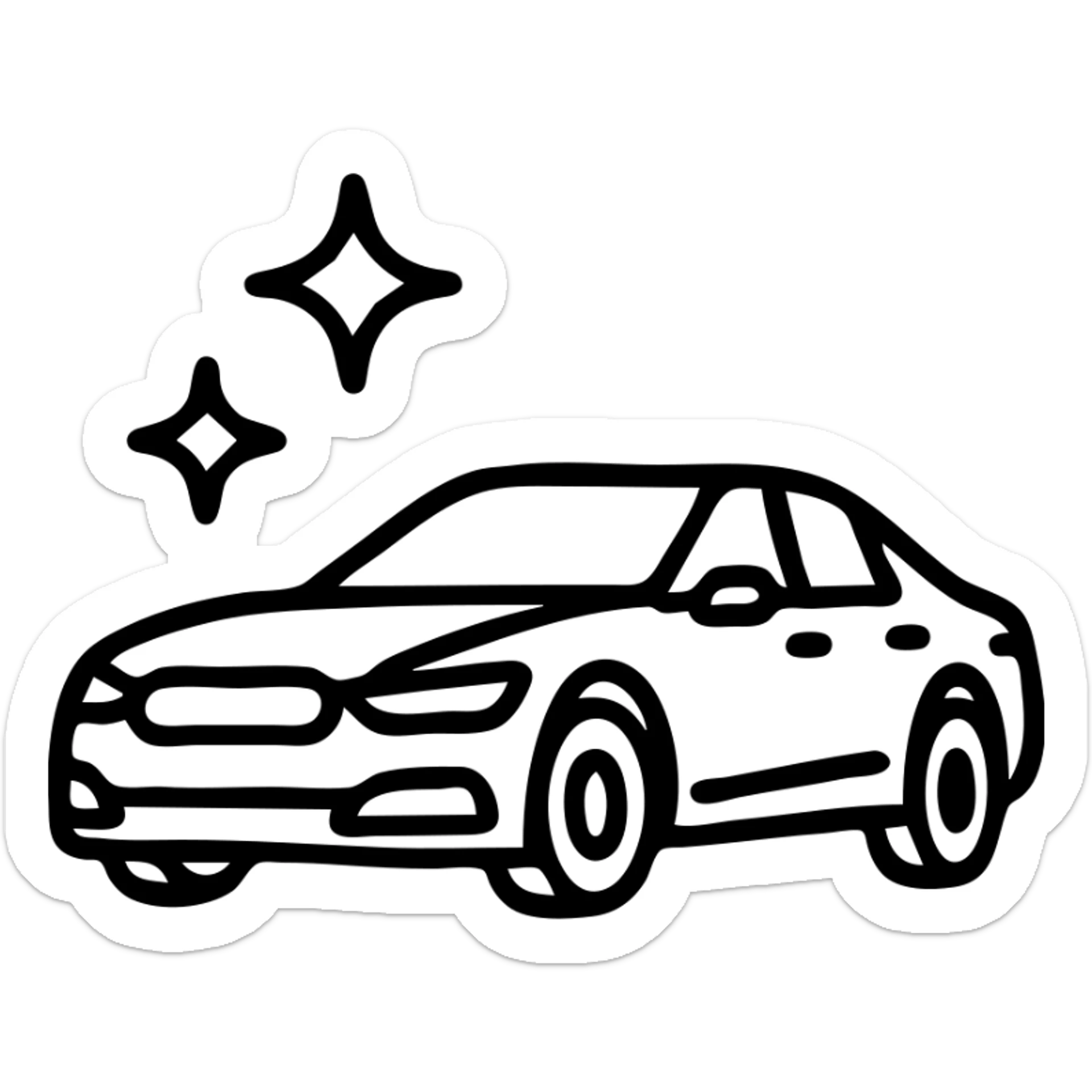 outlined icon of a high-end car, glossy black with sparkling stars and mirror-like reflections, clean lines, modern and simple, perfectly clean vehicle sticker