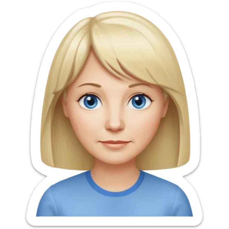 50 yr old white woman, center parted hair with bangs, very long straight blond hair, oval face, small smile, blue eyes, thin face, hair downback, hair parted at center of head, round cheeks, pale, longer hair, white shirt sticker