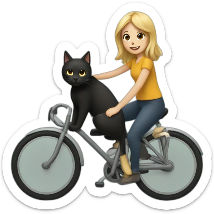 a black cat riding a bike with a girl with brown hair with blonde highlighted bangs sticker