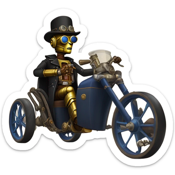 Old west Bounty hunter C-3PO Jedi wearing a pair of navy-blue rimmed steampunk goggles, hat, leather chaps, fringe jacket riding a relaxed 3 wheeler trike steampunk rat rod motorcycle with large fenders and saddlebags in desert town  sticker