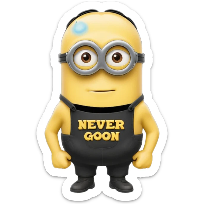 A buff minion wearing a black t shirt top with the words “never GOON” on the shirts chest area sticker