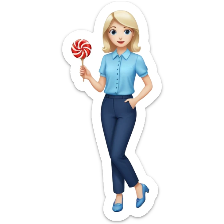 female smart light blue blouse, dark trousers, shoes. one hand holding a lolly sticker