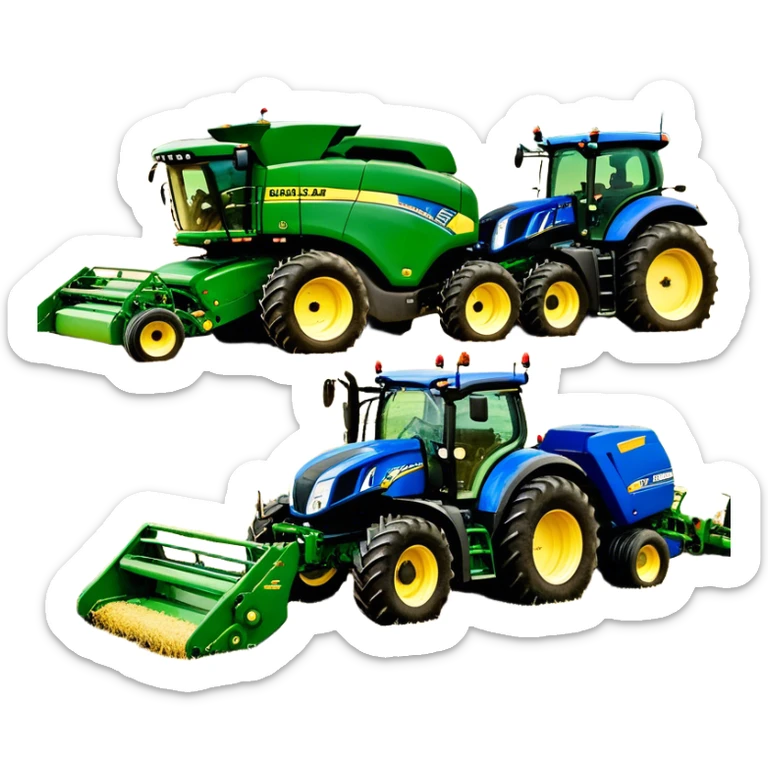 Baler – New Holland Roll-Belt 560 (2018) – Cinematic-realistic John Deere 6155M tractor towing a New Holland Roll-Belt 560 baler, its deep green body contrasting with the bright blue baler. The massive machine moves steadily through golden fields, compressing freshly cut hay into tight round bales, while dust swirls under the blazing afternoon sun. sticker