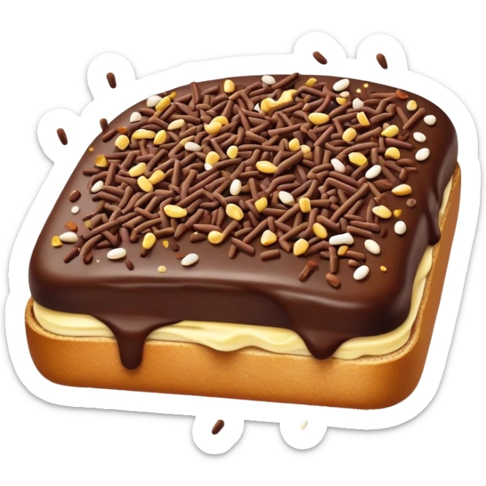Hagelslag Cinematic Realistic Hagelslag Treat Emoji, depicted as crunchy chocolate sprinkles scattered on a slice of buttered bread, rendered with vivid textures and playful, inviting lighting. sticker