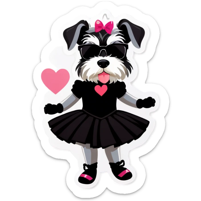 Schnauzer in a black ballerina out with heart sunglasses  sticker