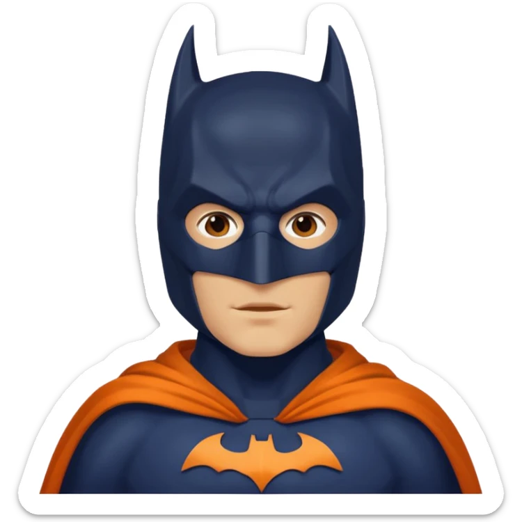 generate a batman emoji with just the face and neck showing and part of the cloak and and wings. Shade the mask in dark navy blue. Shade the chest in a bright medium olive green. Shade the cloak in a solid vibrant orange sticker