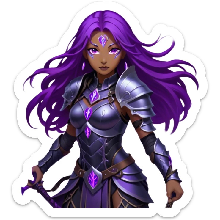 A mysterious warrior girl with long, flowing purple hair catching the dim light. Her glowing violet eyes stare forward, unwavering. She wears sleek black armor, adorned with silver runes that pulse faintly with hidden power. A dark mist swirls at her feet, hinting at the energy she commands. sticker