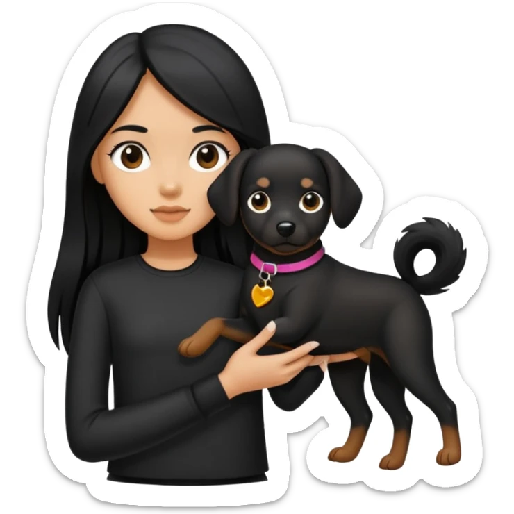 A girl with long black hair wearing black clothes holding a black dog in one hand sticker