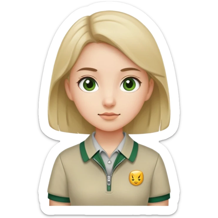 girl in a school uniform wearing a green polo, beige skirt, grey zipper jacket sticker