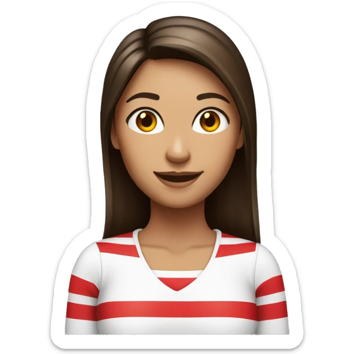 Portrait of an adult girl, tanned skin, dark long straight brown hair, dark eyes, smiling, wearing a white long sleeve with red horizontal stripes. sticker