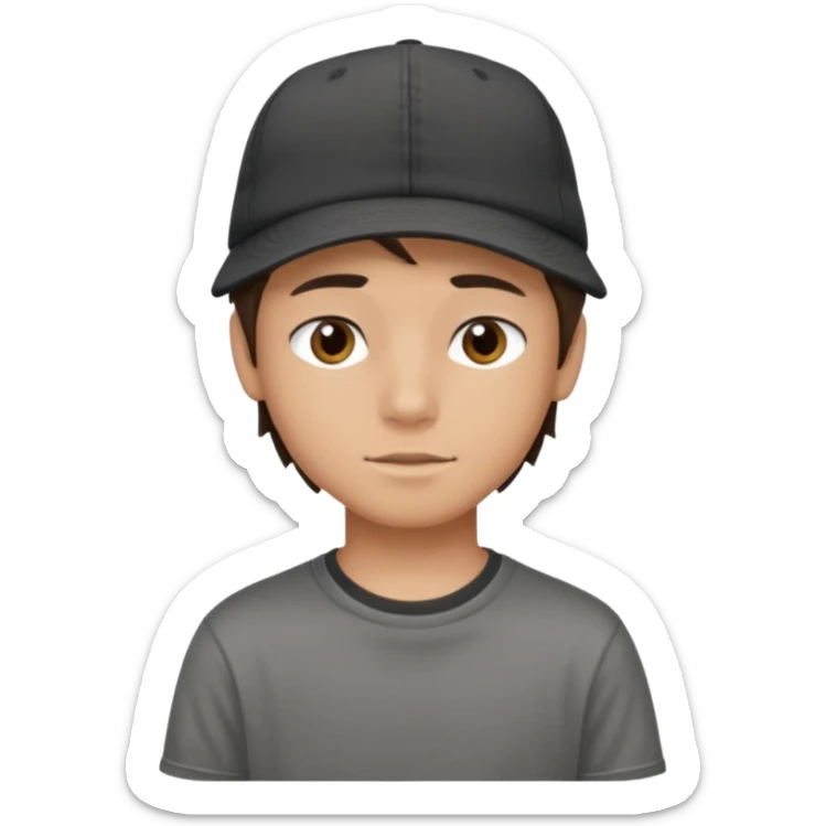Create a teen boy wearing a faded black T-shirt. He will have brunette hair, tan skin, and dark brown eyes. He is wearing a gray hat turned backwards. sticker