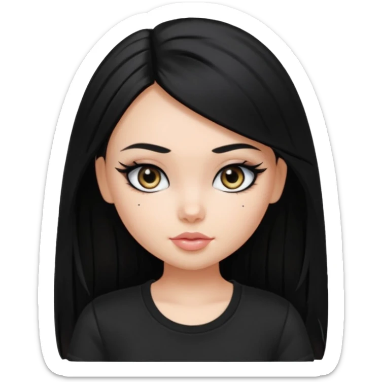 a pretty bratz girl with straight black hair wearing a black tshirt, eyeliner sticker