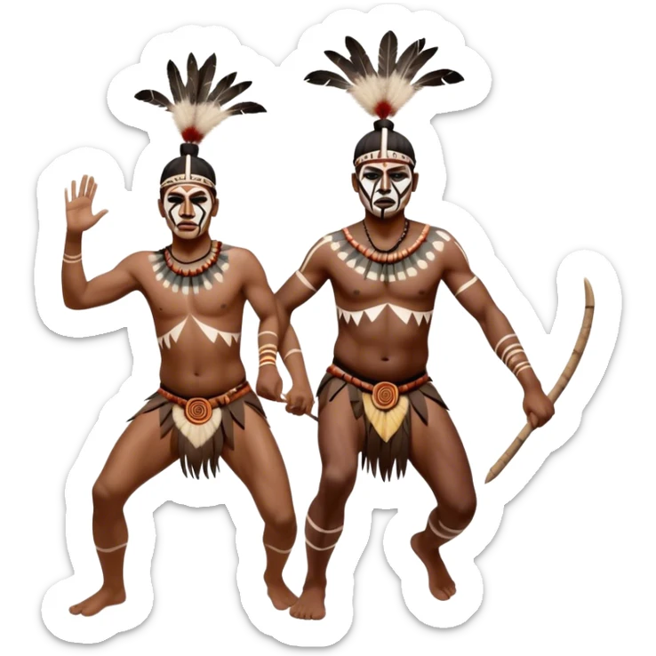 Cinematic Realistic scene of two indigenous male aboriginals performing an Aboriginal Corroboree, adorned in traditional body paint, captured in fluid motion with earthy tones and vibrant, cultural lighting sticker