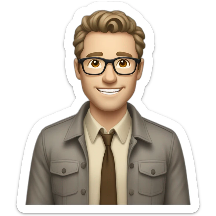 Joyful Pale skinned Fit Man With dark brown hair in gray jacket, beige office shirt, Brown pants and vintage glasses. His thrumbs up sticker