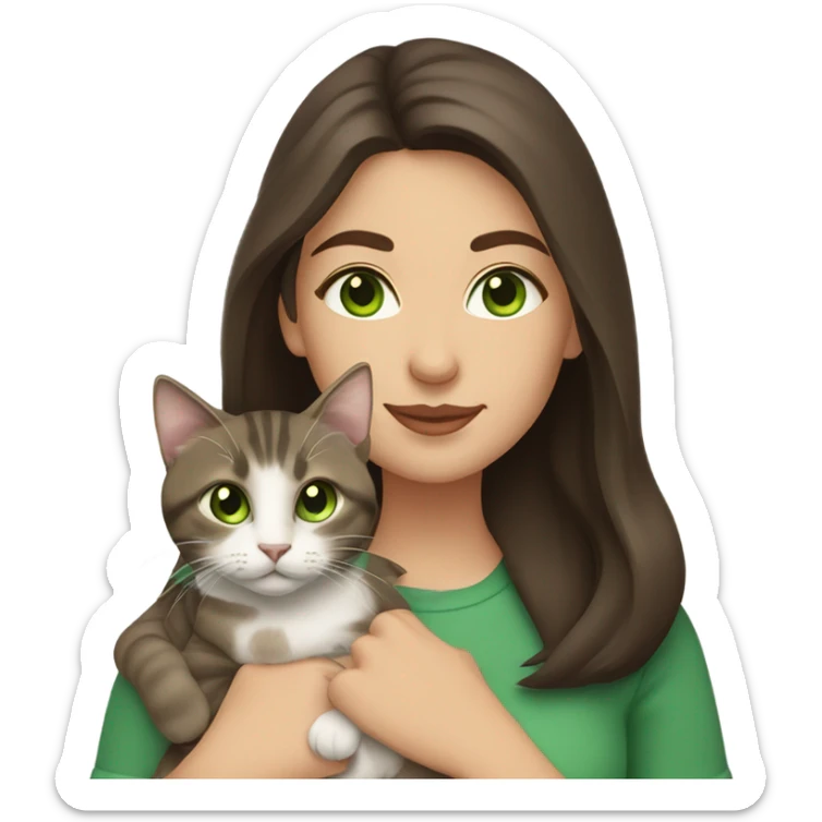 Caucasian woman with long dark brown hair and brown eyes holding a tabby cat with green eyes sticker