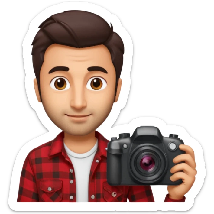 generate a pretty bratz emoji 
Make her look like Ranbir kapoor wearing a red flannel shirt,with white tee underneath. smirking and carrying a camera

he should look exactly  like ranbir kapoor!  sticker