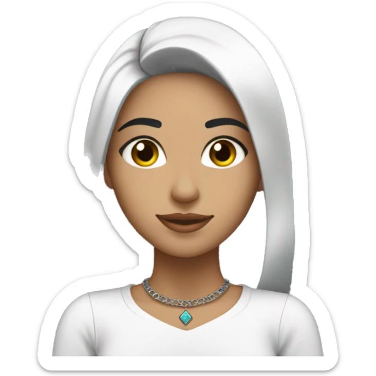 a moroccan young adult girl working on her laptop; whiter complexion, black hair wih choker sticker