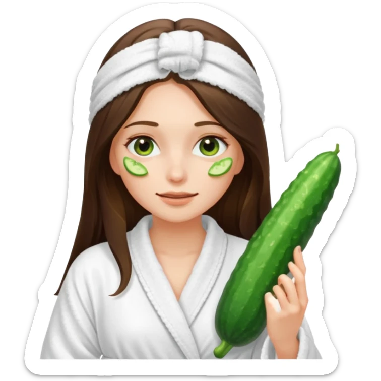 white long brunette hair girl with hazel eyes in a bathrobe with cucumber slices covering her eyes sticker