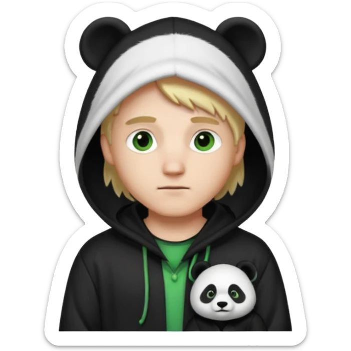 A white man with green eyes, medium-length blond hair, wearing a panda hoodie and black pajama-like robes. sticker
