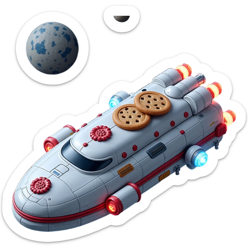 Outside view of a half-spaceship cookie factory floating in orbit, metallic hull with cookie insignia, glowing pipes connecting modules, stars and planets in the background sticker