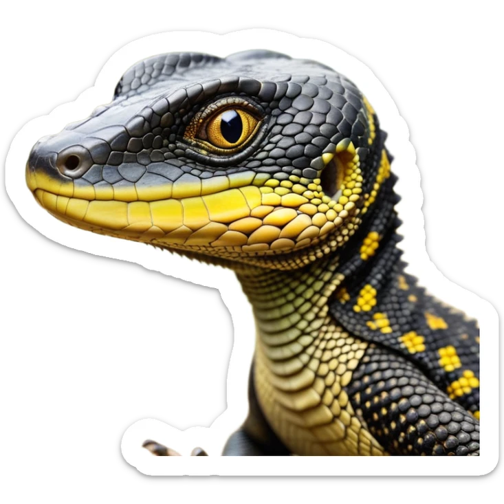cinematic-realistic-cute-monitor-lizard-portrait-emoji,-head-tilted-playfully-and-inquisitively,-featuring-a-compact,-agile-body-with-finely-detailed,-glossy-scales-in-earthy-black and yellow-hues-and-a-distinct,-alert-face-with-bright,-curious-eyes, black , yellow spotted and green band  scales and a slender neck sticker