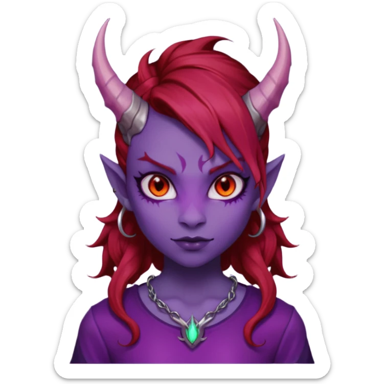 Demon Girl Purple Skin Dragon Horns Black Eyes Red Glowing Pupils Auburn Haired Red Shirt  sticker