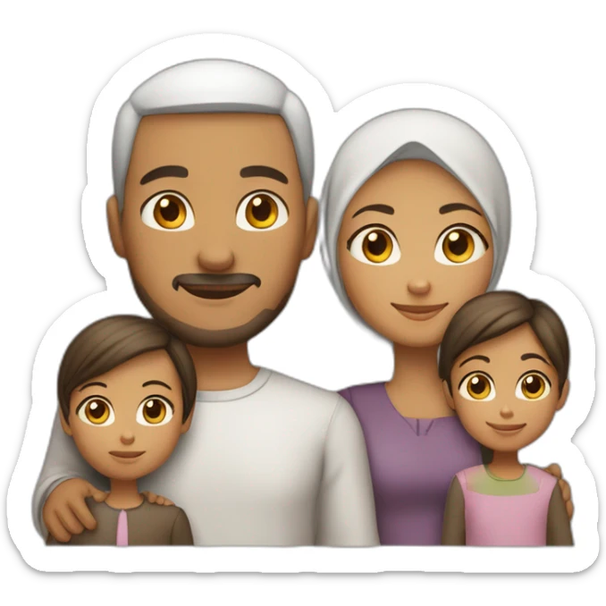 Family of four: a mom who is the only person wearing a hijab, a dad, a young little girl, and a young little boy, light brown skin, dark hair sticker