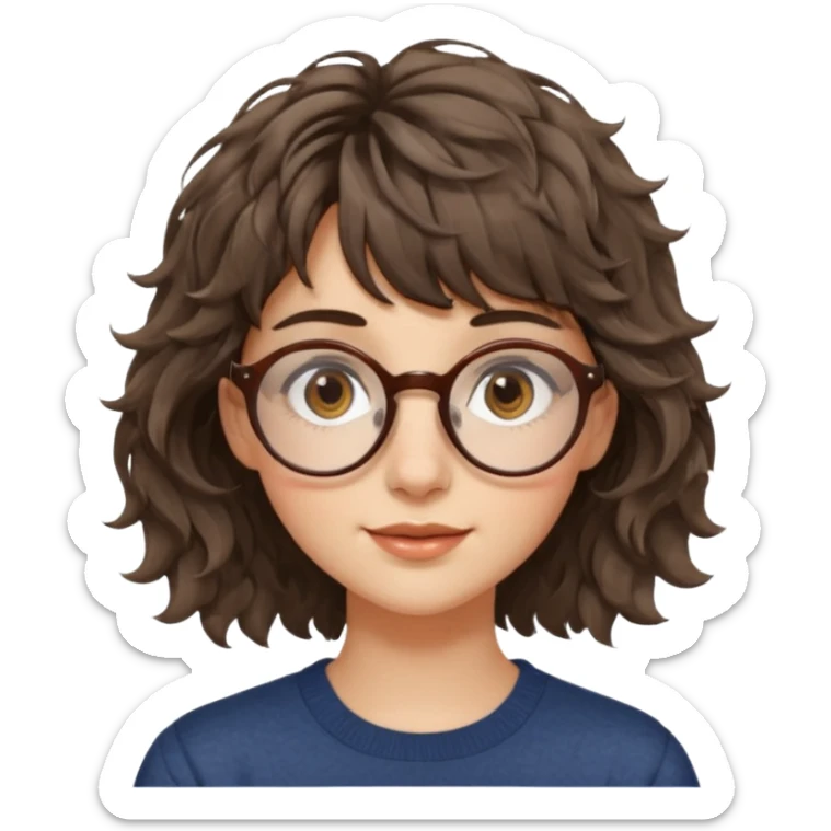 Koyu renk, dağınık dalgalı saçlı, kısa kahküllü, yuvarlak gözlüklü ve büyük kahverengi gözlü bir genç kadının yüzünü gösteren emoji tarzı illüstrasyon. Hafif bir gülümseme veya tatlı bir sırıtış ifadesi var. Cilt tonu açık. sticker