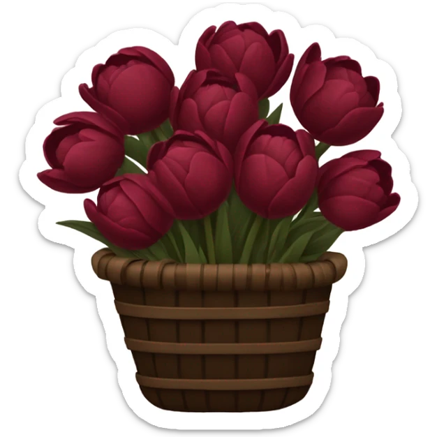 a black basket of flowers consisting of dark red peonies in shades of burgundy and  five tulips in shades of red sticker