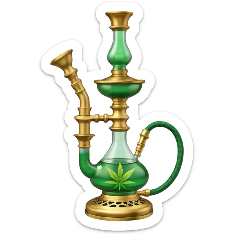 Brass hookah with green design on a glass water base and a weed banger on the top sticker