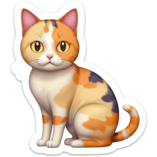 full body colourful calico cat with skinny head and fat body with an anxious face sticker