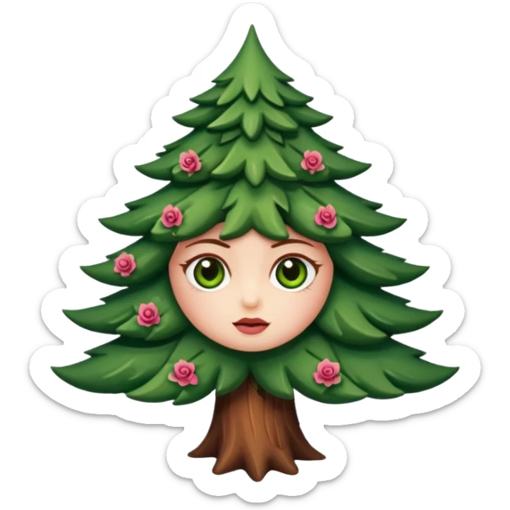 Petit sapin vert sylvestre, féminin, regard malicieux, tâches de rousseurs délicates, joues roses. Yeux de biche brillants en forme amande, yeux couleur ambre, tronc couleur acajou. Sapin en mouvement, incurvé pour un effet vivant. sticker
