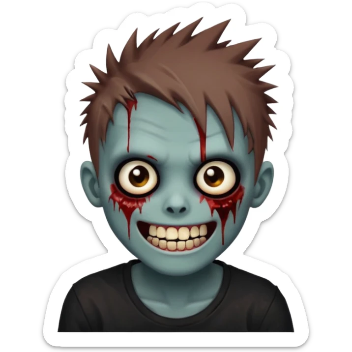 zombie boy with brown emo spiky hair, white skin, and white eyes; an open smile, and bloodied teeth; sticker
